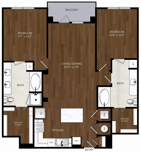 Floor plan for 2 beds, 2 baths, 1155 sqft
